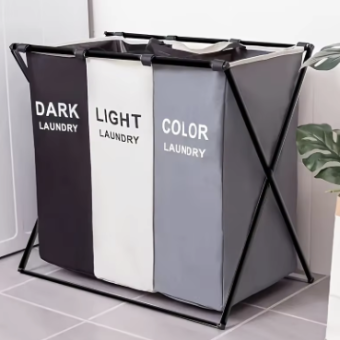 3-Section Foldable Laundry Hamper with Waterproof Oxford Bags & Aluminum Frame - Dark Light Print for Home Clothes Storage