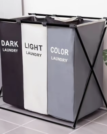 3-Section Foldable Laundry Hamper with Waterproof Oxford Bags & Aluminum Frame - Dark Light Print for Home Clothes Storage